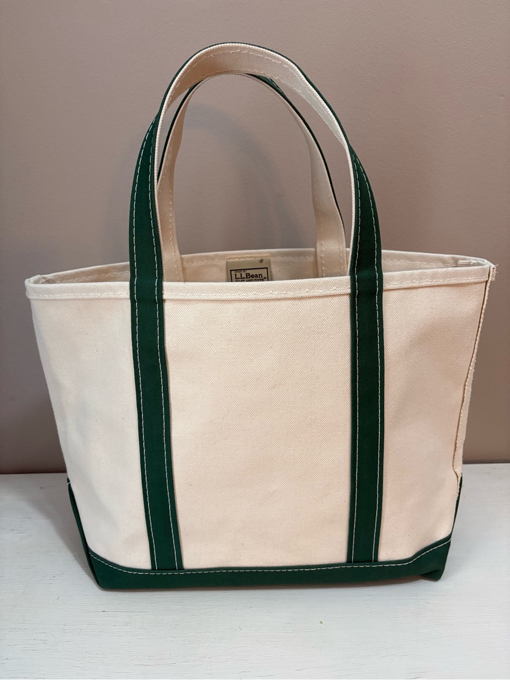 L.L. Bean Canvas Tote in Cream with Dark Green Trim